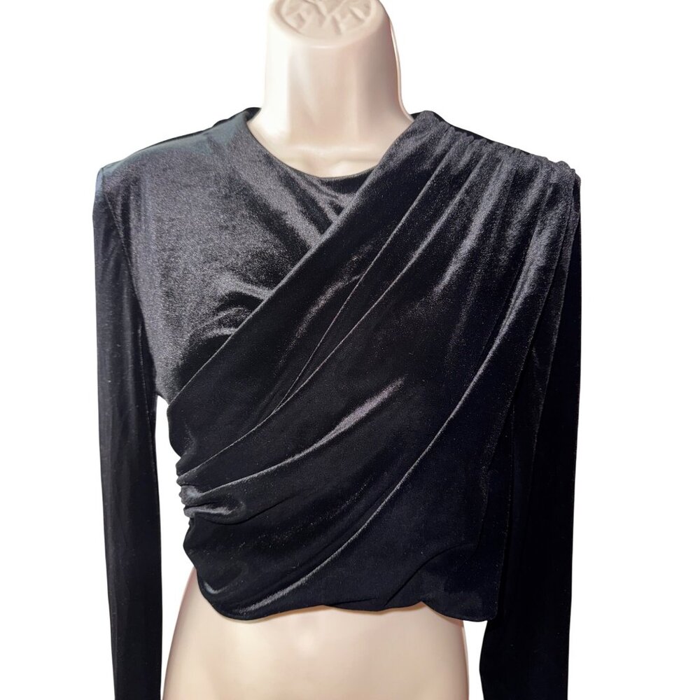 Zara Long Sleeve Black Velvet Ruched Crop Top Medium Sexy Goth Vamp Luxury‎ Sexy